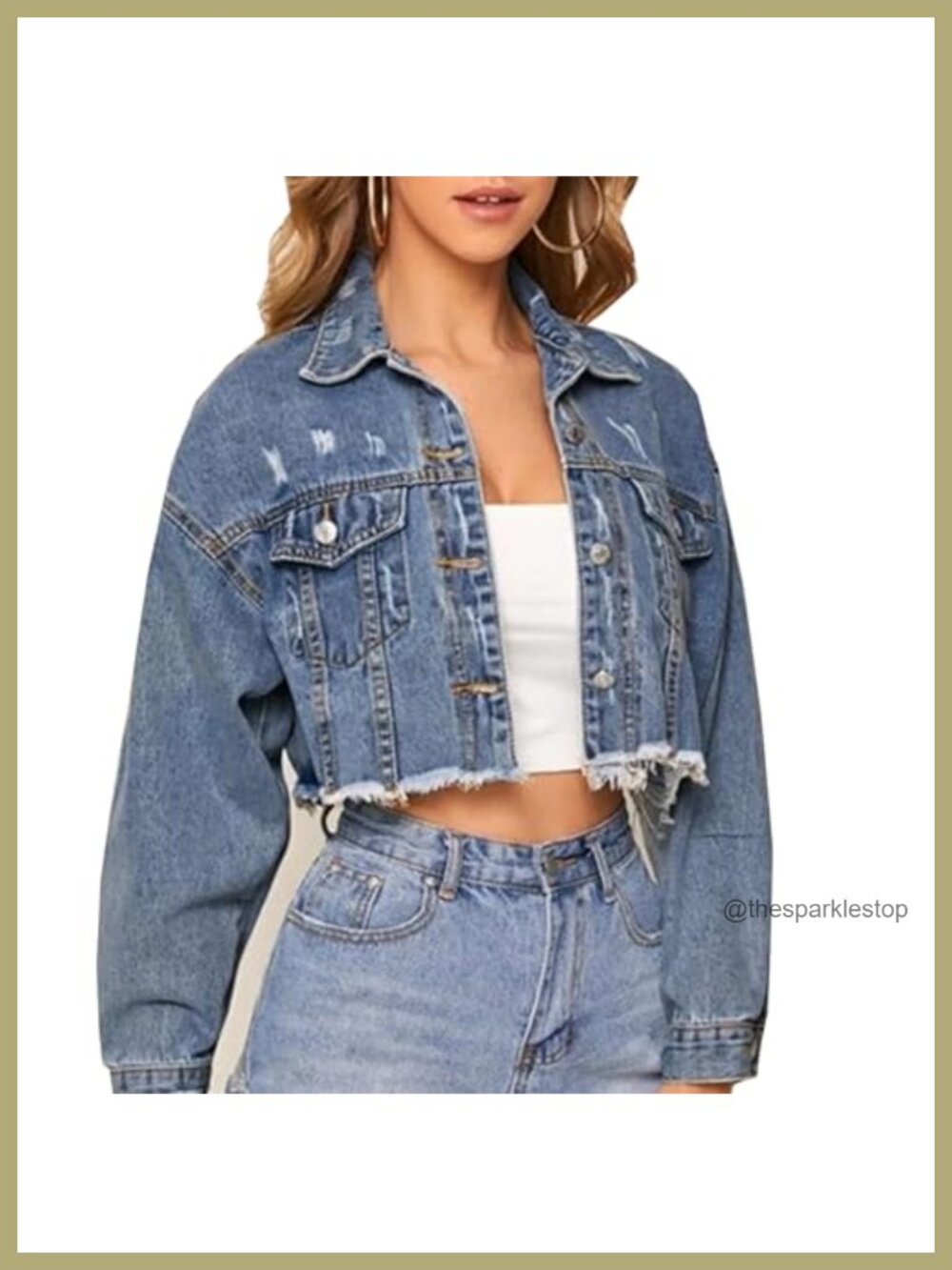 Women's Cropped Distressed Denim Jacket Long Sleeve Button Front Jean Jacket